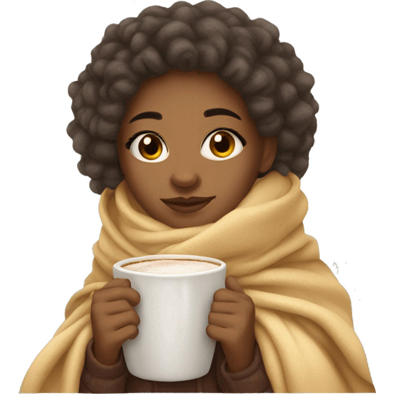 cute light skin girl with a blanket and hot cup of cocoa emoji