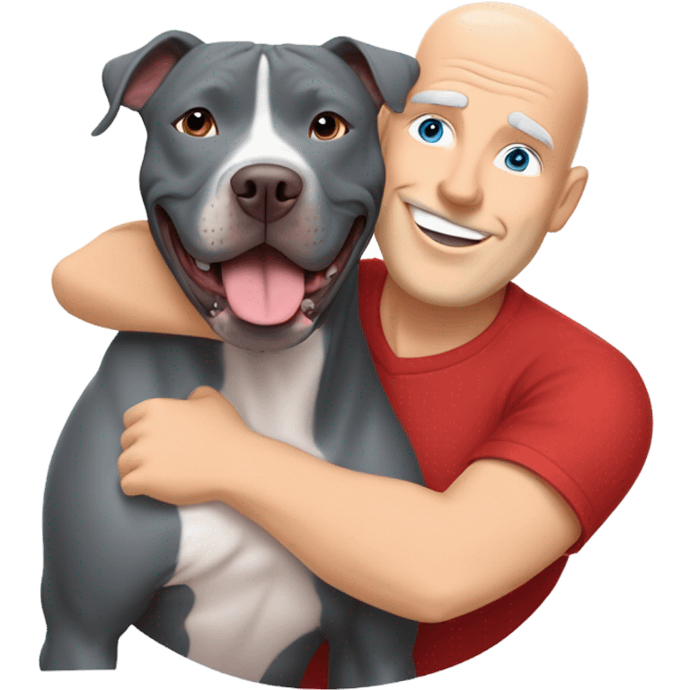 large gray male pit bull smiling and hugging bald white mature man no beard blue eyes with red tshirt emoji