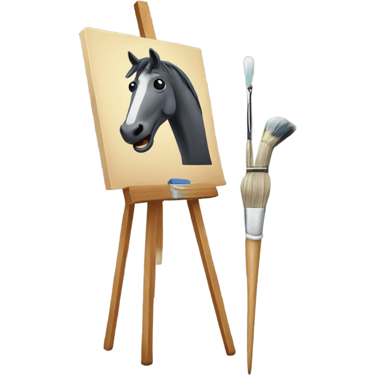 horse standing in front of an easel with a paintbrush in his mouth emoji