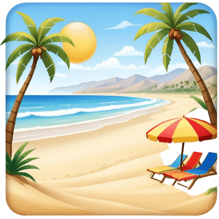 Cinematic Realistic Beach Emoji in a wooden frame, Sunny and bright, with soft golden sand stretching as far as the eye can see, gently lapping waves crashing onto the shore, and a clear, blue sky above. Palm trees sway in the warm breeze, and colorful beach umbrellas dot the landscape. Soft glowing outline, capturing the essence of a relaxed, joyful beach day filled with sun, sand, and surf! emoji