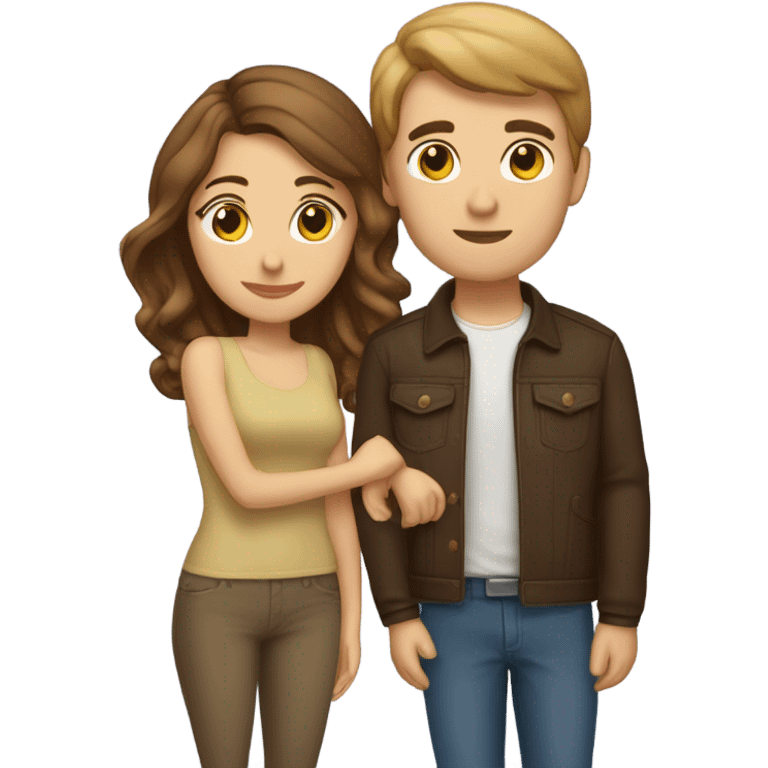 A genmoji representing a couple kissing. The man is slightly taller than the woman and has brown hair. The woman has brown hair and a beauty mark on her cheek. emoji