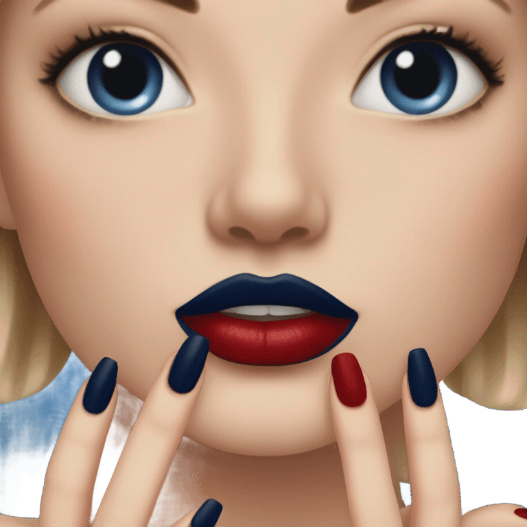 long dark blue manicure at the mouth with red lipstick emoji