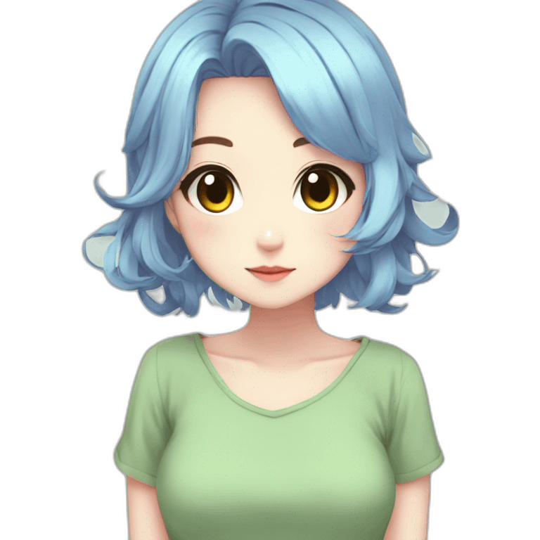 Anime girl brown eyes-pastel blue hair-green mini dress emoji