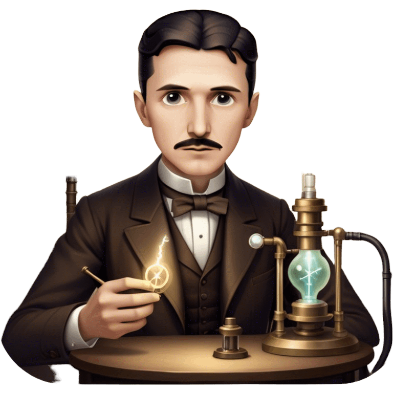 Nikola Tesla – Cinematic Realistic Portrait of Nikola Tesla, depicted as a visionary inventor with intense, thoughtful eyes and period attire, surrounded by subtle arcs of electric light and early laboratory apparatus, rendered with dramatic lighting that evokes mystery and innovation. emoji