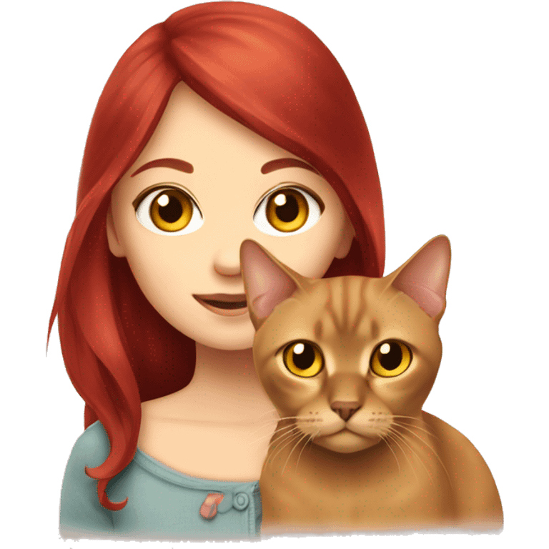 cherry red hair cute girl holding burmese brown cat with yellow eyes emoji