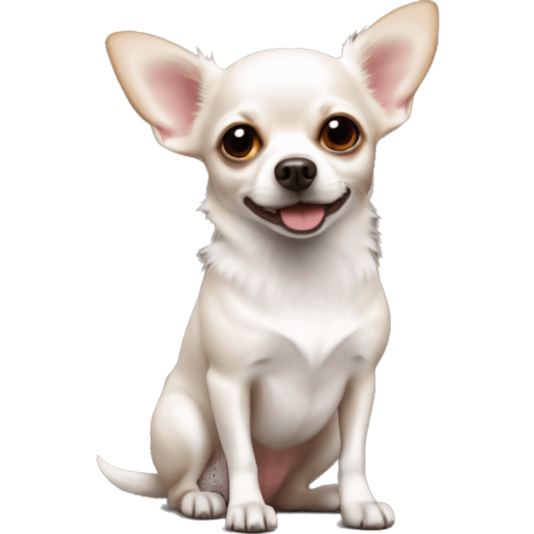 A small white dog is a Chihuahua breed with red mints on its body and red ears emoji