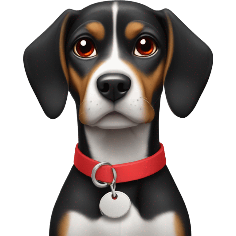 black beagle with red collar with a tag emoji