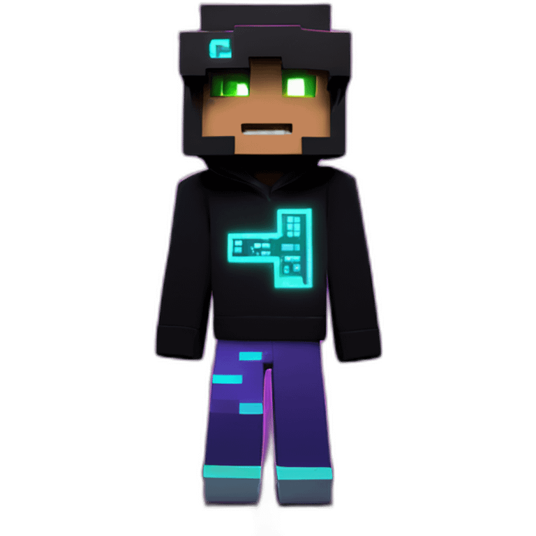 Minecraft hero wearing a black hoodie with "OMG" letters on it and VR headset in a cyberpunk VR environment with violet neon lighting. emoji