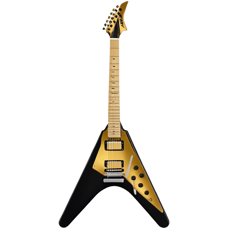 Create a bold and dynamic emoji representing the Epiphone Dave Mustaine Flying V Custom electric guitar. The design should feature the sharp, iconic V-shaped body of the guitar, with a custom finish reflecting Dave Mustaine’s signature style. Add intricate details like gold or chrome tuning pegs and pickups, with subtle graphics or patterns that reflect the aggressive, heavy metal aesthetic. Use a color palette of black, gold, and red, with a touch of metallic sheen for the high-end finish. The background should be transparent to emphasize the guitar's iconic shape emoji