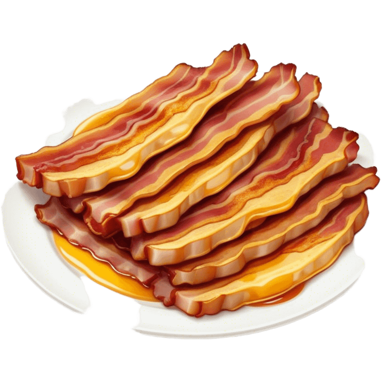 Cinematic crispy sizzling bacon, slightly curled, golden-brown with a perfect crunch, glistening with rich flavor, deep warm tones, served on a breakfast plate, comforting and indulgent. emoji