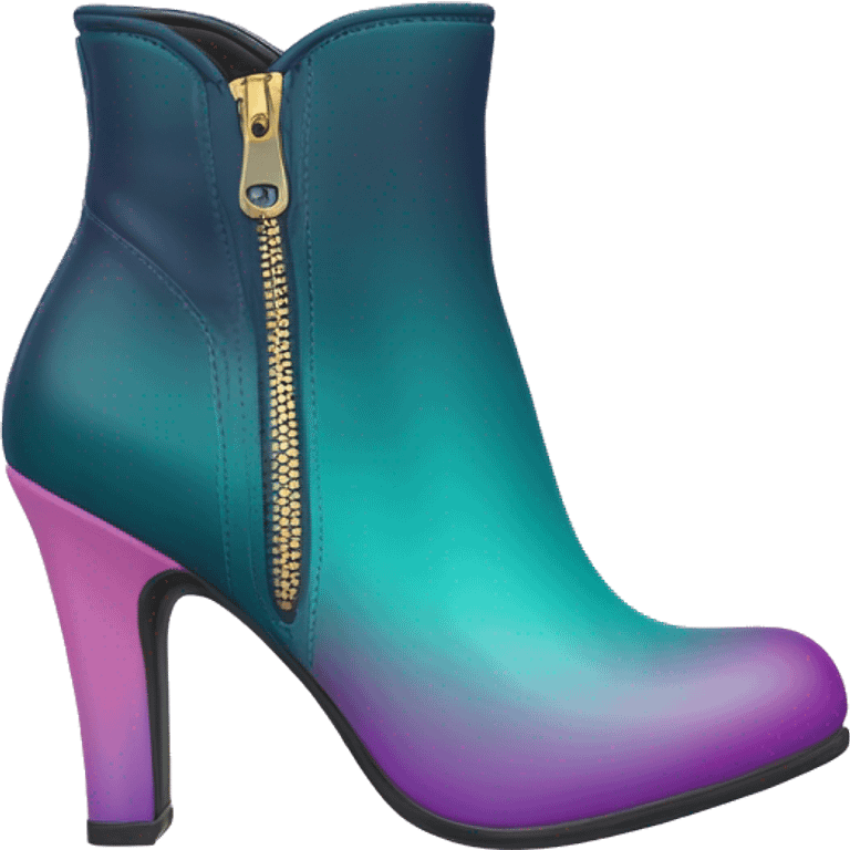 Realistic isolated top view of a pair of dark teal,purple,pastel pink,pastel purple and pastel yellow ombre high heel zippered ankle bootie boots. emoji