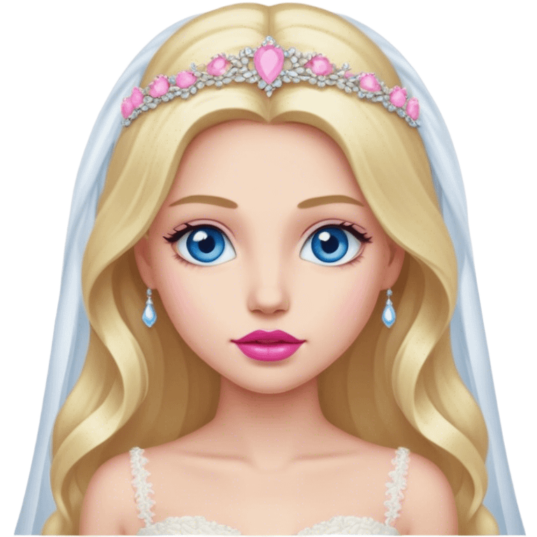 Cinematic realistic blonde with long hair, blue eyes and pink lips in a wedding dress emoji