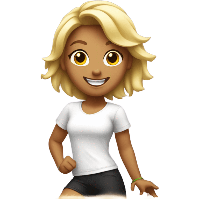 Blond smiling and dancing girl with Zumba logo on white t-shirt emoji