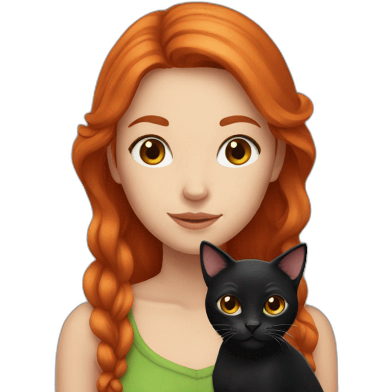 red haired girl with black cat emoji