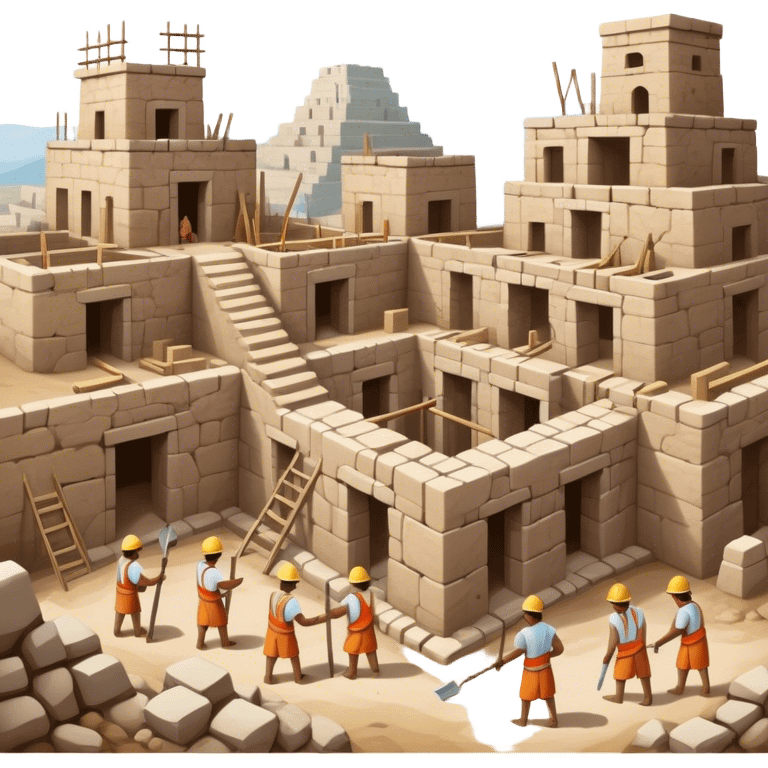 Ancient city under construction with workers using basic tools. Incomplete stone buildings, scaffolding, and a rough landscape. Simple, primitive architecture emoji