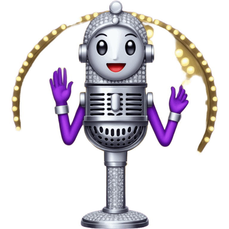 Create a glamorous and vibrant emoji representing stage vocal performance. The design should feature a humanless collage of classic vintage microphone, stage costume covered in rhinestones, large scene speakers, scene lights. The costume should be stylized, with glittering elements like sequins and sparkles, and reflect the glitzy, extravagant nature of show business. The microphone should have a sleek, retro look with chrome or metallic accents. Use rich, dazzling colors like gold, silver, deep purple, and bright red to evoke the glamorous, larger-than-life feel of a stage performance. The background should be transparent. emoji