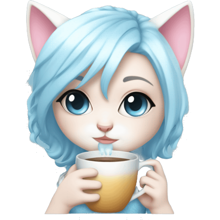 CHIBI WHITE SKIN CAT BABY BLUE AND BABY PINK SHOR HAIR GIRL WITH ONE EYE BLUE AND THE OTHER WHITE. ALSO SHE IS SIPPING A CUP emoji