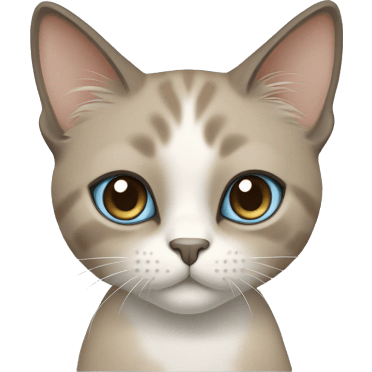 Thai breed cat with a light cream-brown body, dark gray nose and face, ears, and paws. sharp ears, and striking light blue eyes  emoji