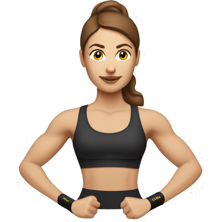 white woman with brown hair working out with TRX resistance bands emoji