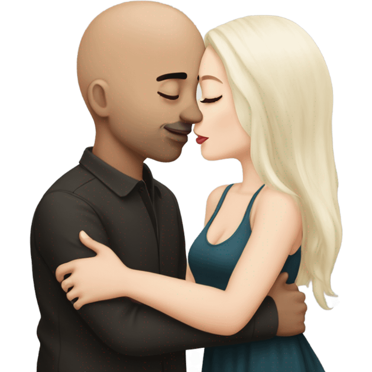 White girl dark hair kissing mixed bald man emoji