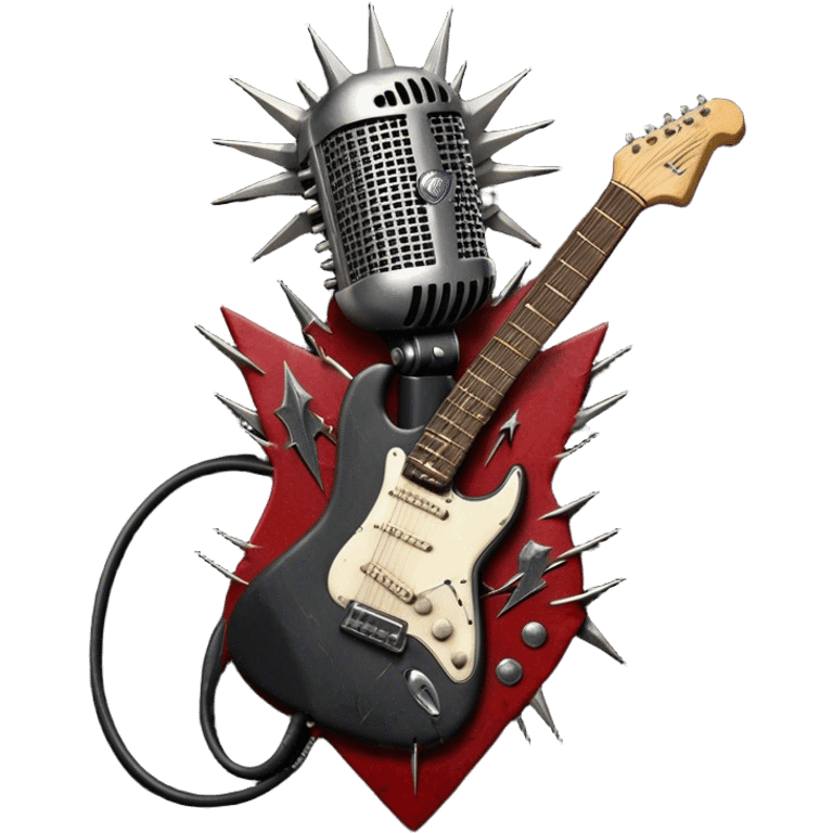 Create a powerful and dynamic humanless emoji representing rock vocals. The design should feature a classic vintage microphone with a rugged, distressed look, surrounded by elements like a guitar pick, electric guitar neck, and sound waves to reflect the raw energy of rock music. Add subtle details such as a spiked bracelet, leather textures, or bold lightning bolts to evoke the rebellious and intense spirit of rock. Use dark, edgy colors like black, red, silver, and metallic accents to emphasize the fierce, loud, and passionate nature of rock vocals. The background should be transparent. emoji