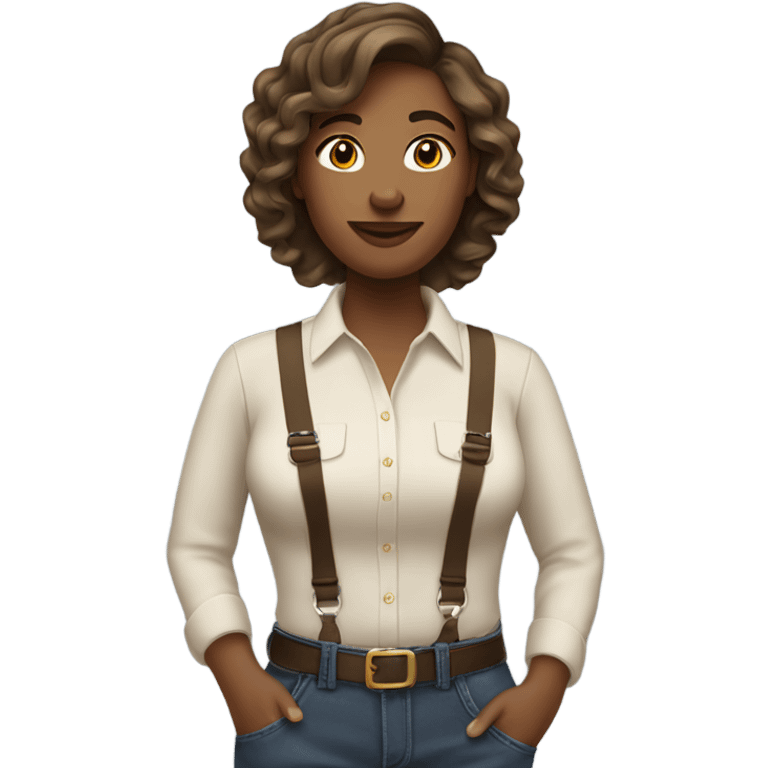 A wheat-toned woman with waist-length hair, brown hair, wavy. Wearing earrings and suspenders. emoji