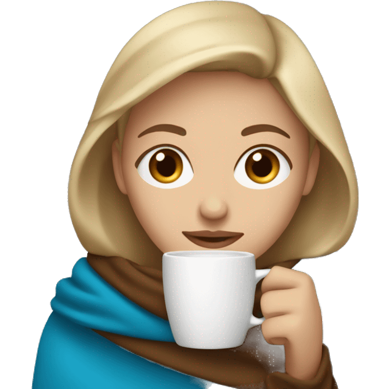 Dark Blonde woman with blue eyes wrapped in brown blanket drinking coffee emoji