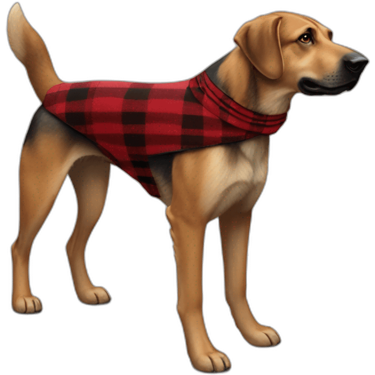 adult 75% Coonhound 25% German Shepherd mix dog with visible tail wearing small pointed red buffalo plaid bandana full body walking left quickly emoji