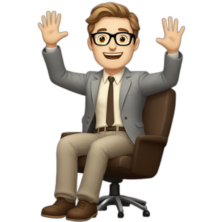 Joyful Celebrating victory Hands up Pale skinned Fit Man With dark brown hair in gray jacket, beige office shirt, Brown pants and vintage glasses sitting In a soft chair emoji