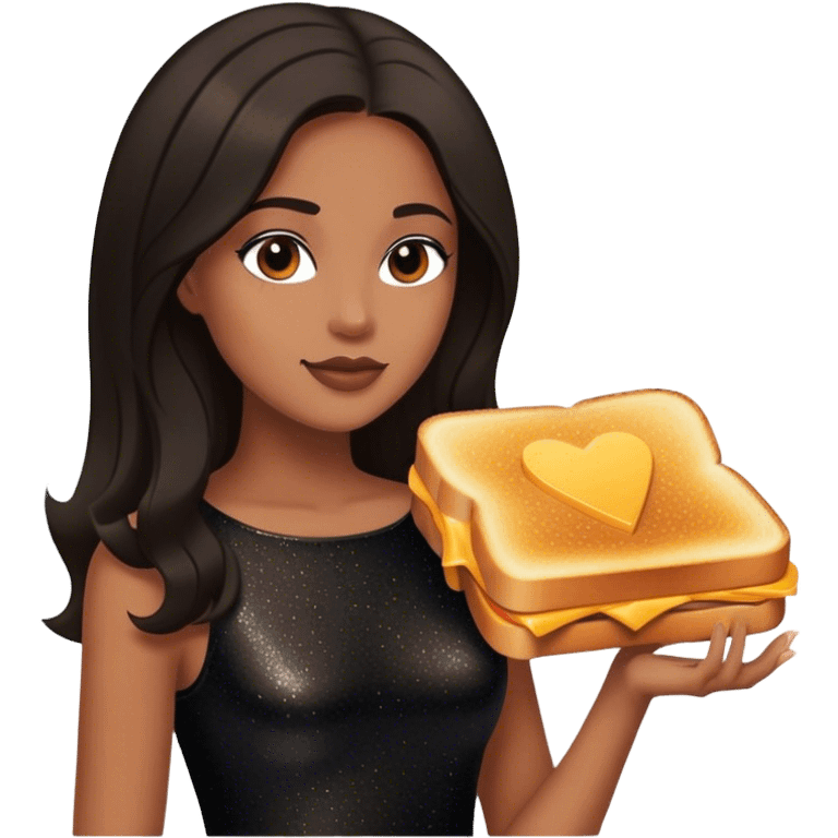 Beautiful woman in 1950’s woman fashion look, black shimmery dress, long dark brown hair, grilled cheese sandwiche emoji