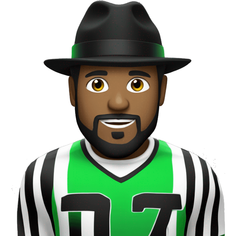 guy with a black hat and black beard, wearing a green and white striped football kit, DJing emoji