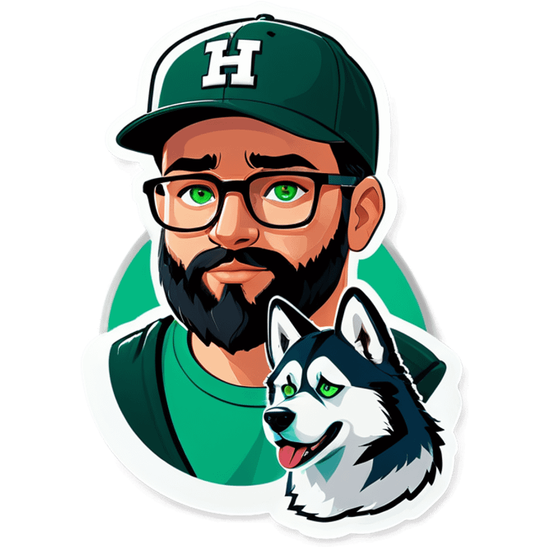 A bold man with a grey baseball cap, green eyes, big beard and glasses next to a husky dog emoji