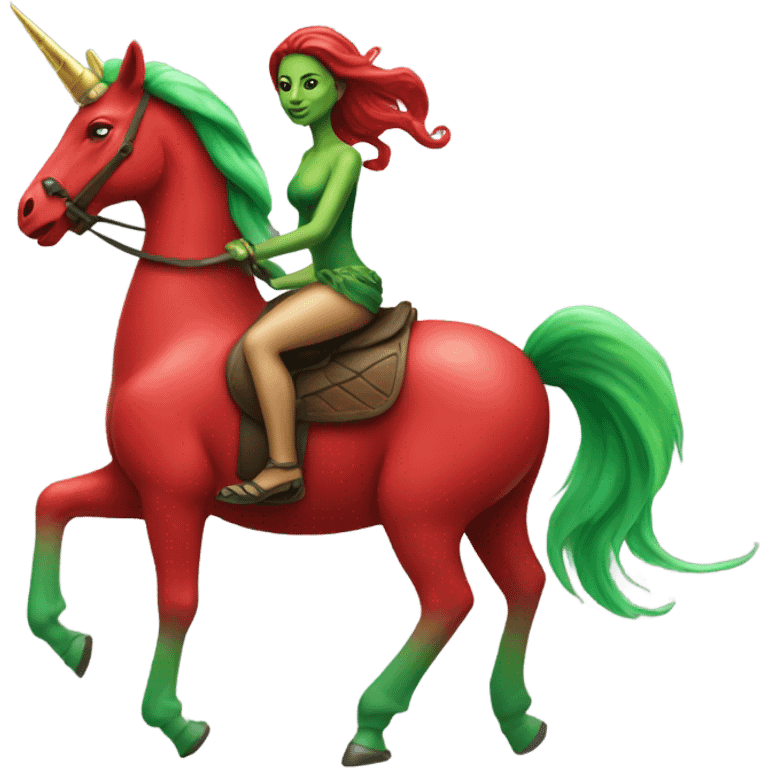 a green amazon alien woman, on a four-legged red unicorn emoji