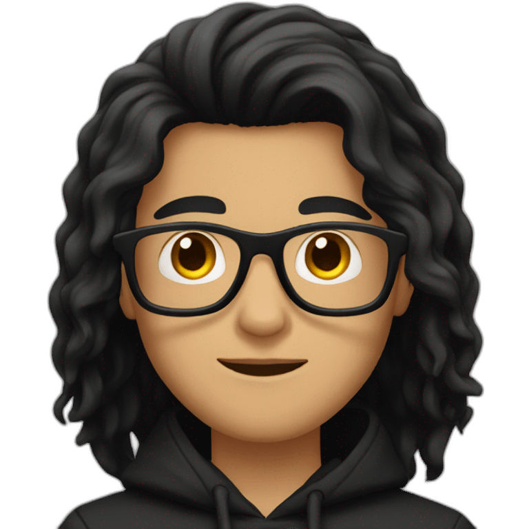 Guy with long black hair and square glasses and black hoodie emoji