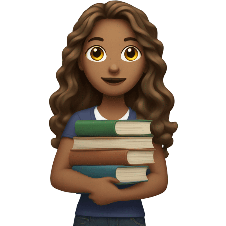 A woman with long wavy brown hair and books emoji