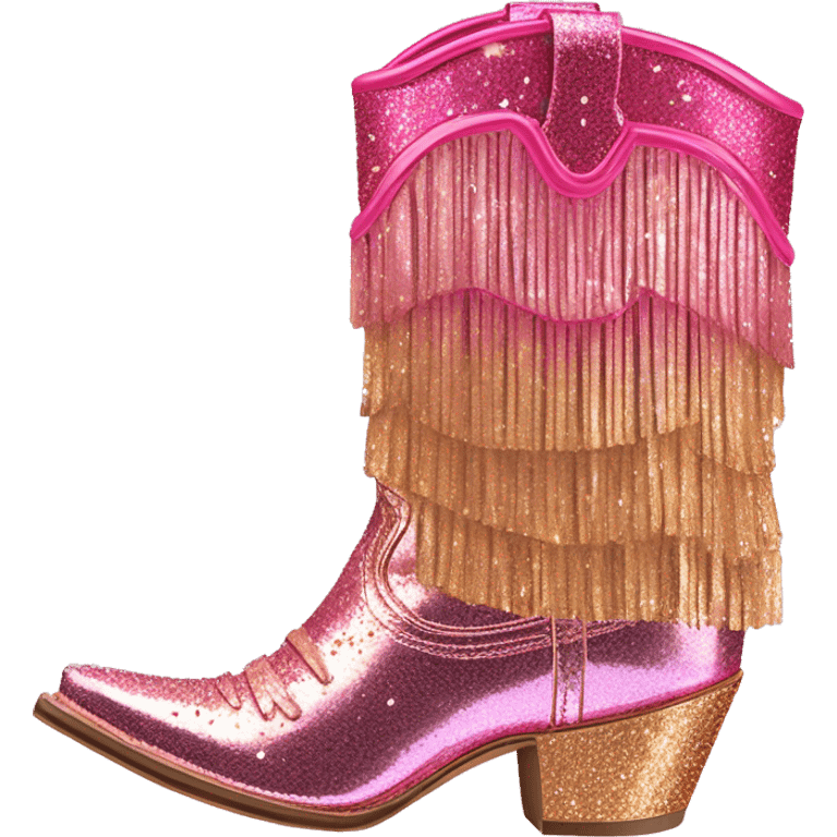 Realistic hot pink to rose gold ombre pair of fashion cowgirl boots with sparkly shiny glitter fringe on them. emoji