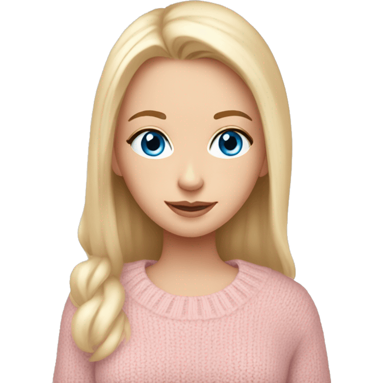 Pretty blue eyed white girl with light pink sweater reading cozy emoji