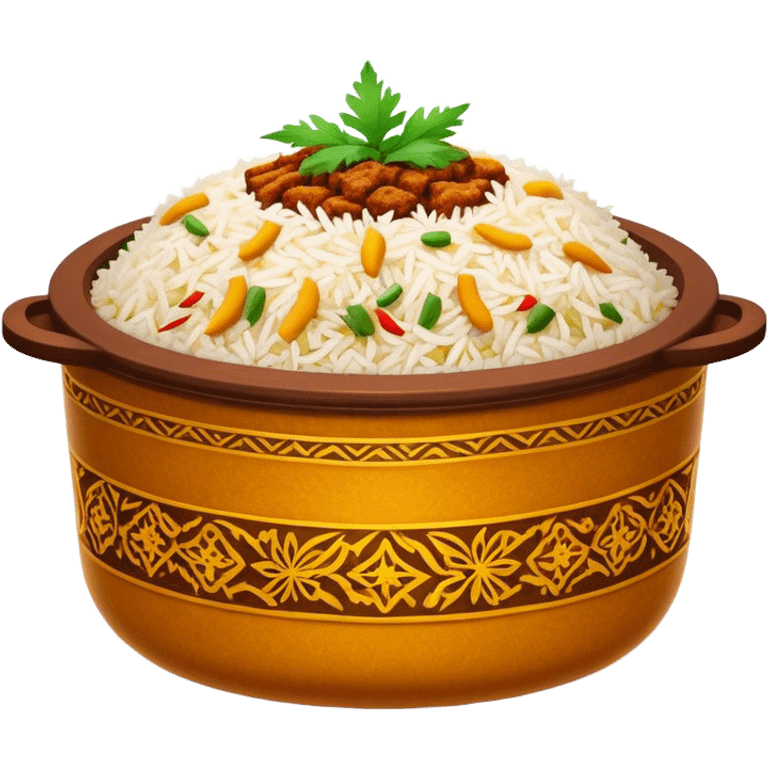 Cinematic Realistic Biryani Dish Emoji, depicted as aromatic basmati rice layered with spiced meat and herbs rendered with vibrant textures and warm, inviting lighting. emoji