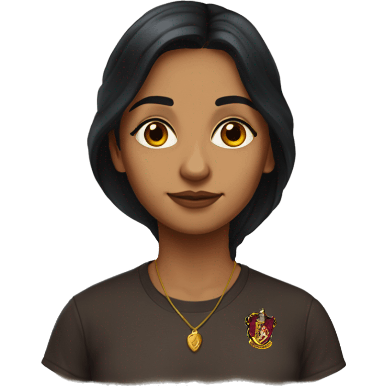 indian woman with long dark hair, brown eyes, and a harry potter t-shirt emoji