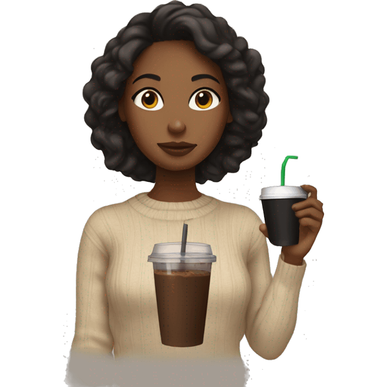 Brown skinned girl drinking black iced coffee wearing a beige sweater emoji