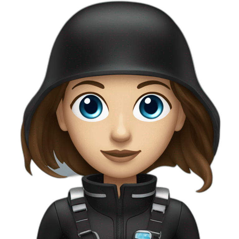 a woman with an a black scubadiver suit. she has blue eyes, brown long and straight hair emoji