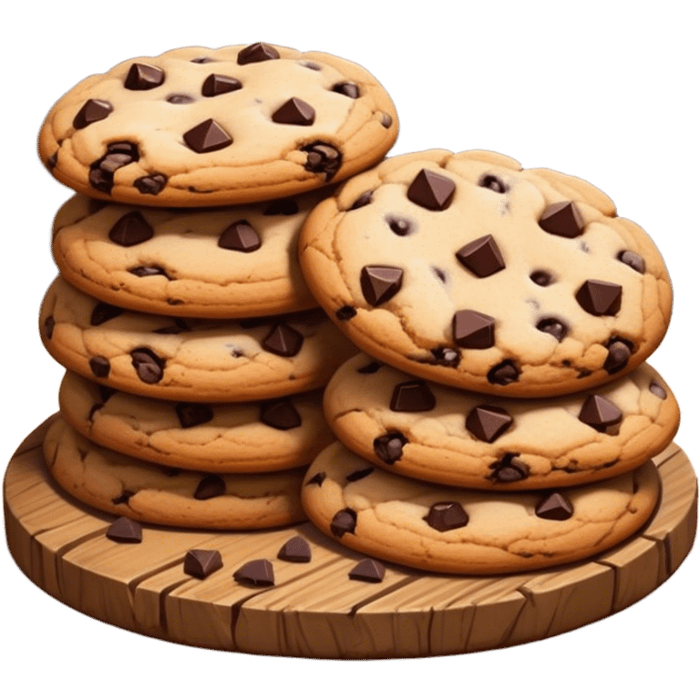 Cinematic crunchy chocolate chip cookies, freshly baked, golden-brown with gooey melted chocolate chunks, stacked on a rustic wooden plate, soft warm lighting, cozy and delicious. emoji