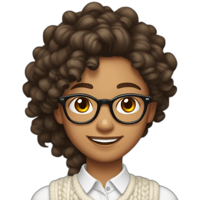 smiling indian teenage girl with curly hair and glasses wearing a collared long sleeve white shirt under a white sweatervest emoji