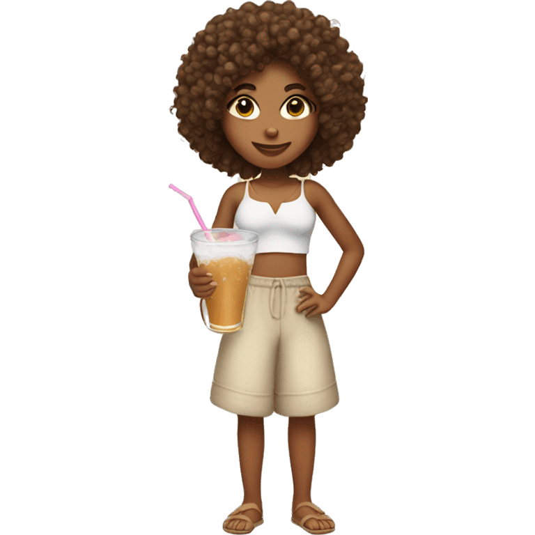 Girl with curly hair tan skin with a coconut drink in her hand emoji