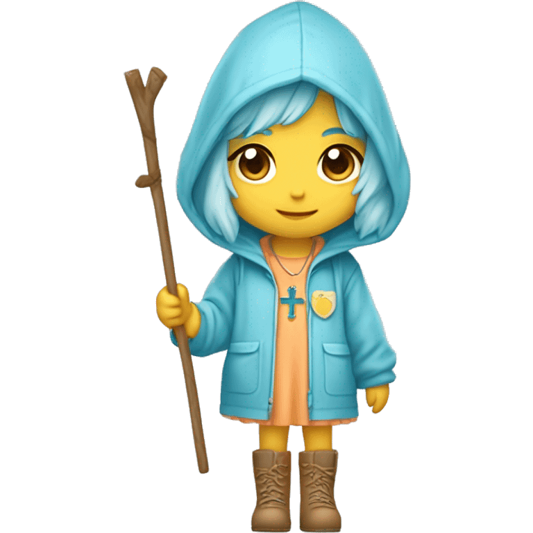 Cute little girl with light blue hair with peach skin, with yellow raincoat hooded with boots holding a wooden staff, with a cross necklace, Sanrio design emoji