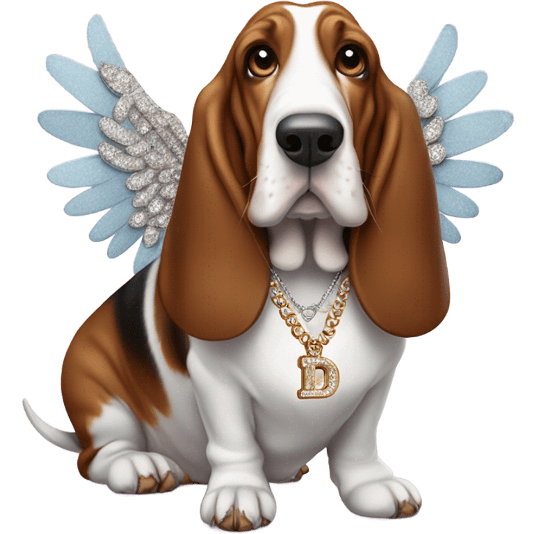 Elderly Basset hound with angel wings eating a box of chocolates and wearing a large letter D bling necklace emoji