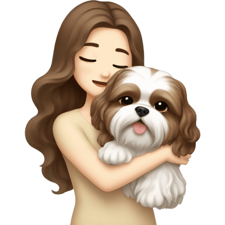 long brown wavy hair korean girl hugging cream and brown colored shih tzu emoji