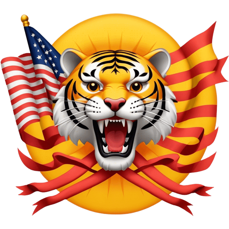 A flag where Tiger is roaring and a sun is behind and two guns cross behind the tiger emoji