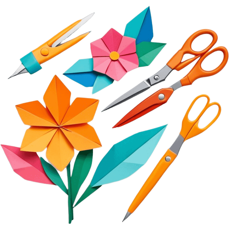 Paper crafting icon, various paper crafts like origami, paper flowers, and scrapbooking materials, visible tools such as scissors, glue stick, and paper sheets, colorful paper patterns, minimalistic style, clean lines, transparent background. emoji