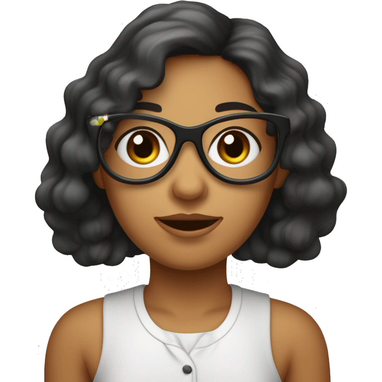 une fille avec des cheveux mi long noir ondulé , des yeux marron , et avec des lunette fine, portant un chemisier blanc.La peau légèrement basané.le visage alongé emoji